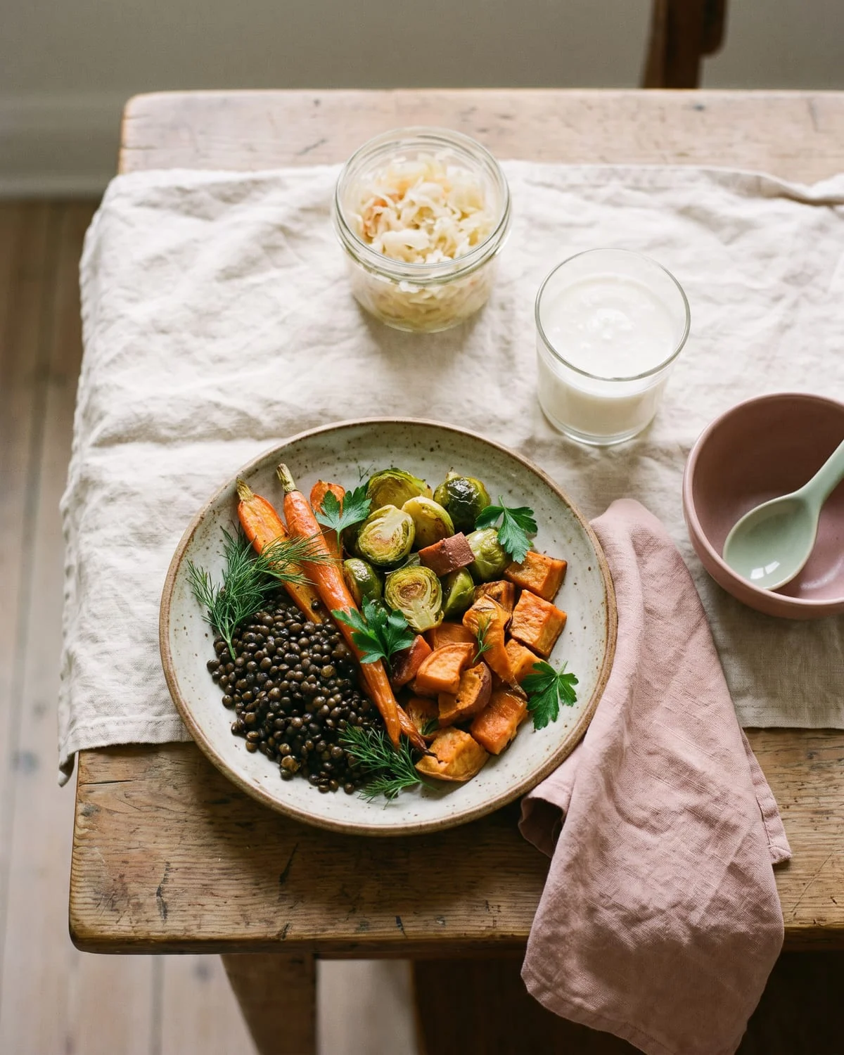 Assiette de légumes rôtis et de lentilles, avec choucroute et kéfir