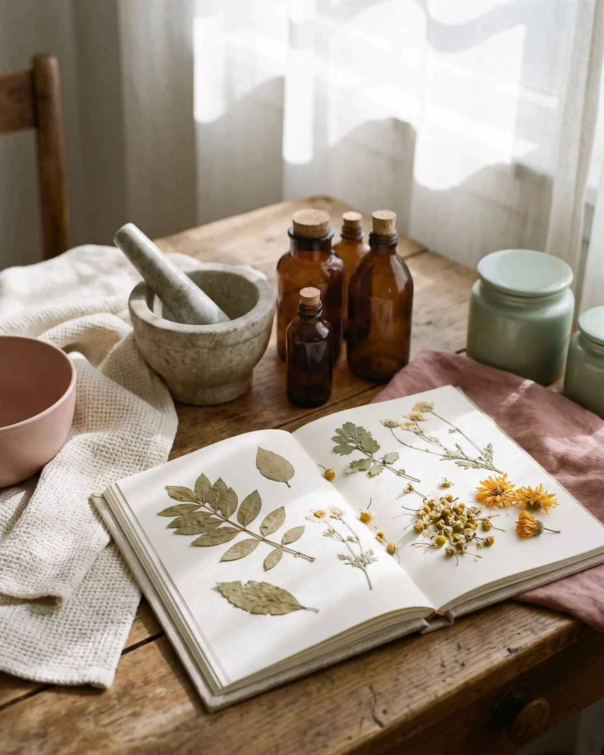 Herbier ouvert avec des plantes séchées, un mortier et des flacons ambrés