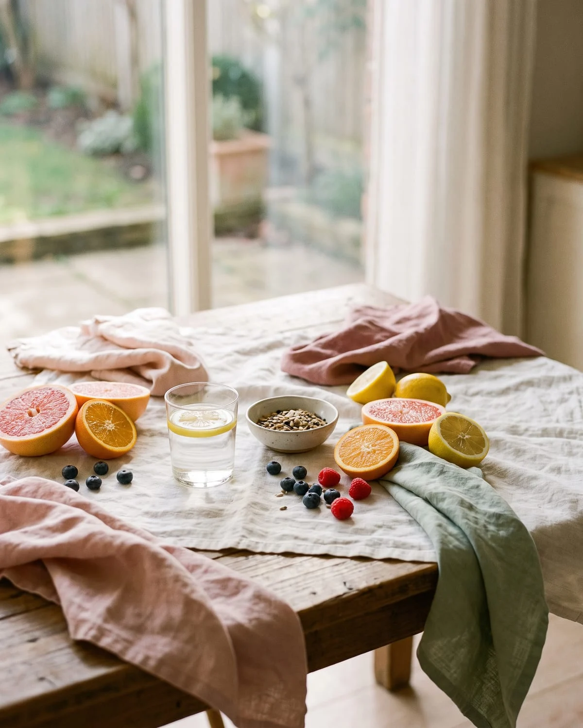 Agrumes, fruits rouges et eau citronnée sur une table baignée de lumière