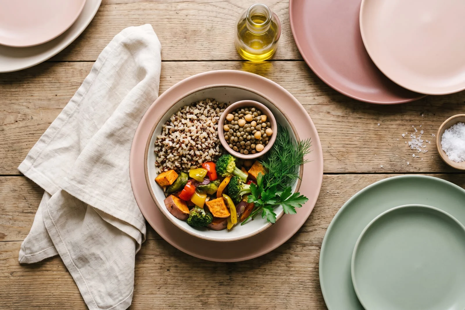 Assiette équilibrée de céréales, légumineuses et légumes colorés